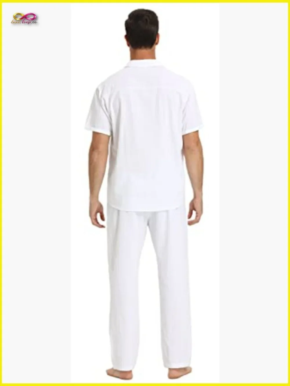 Men's Linen Suit Set Short Sleeve Shirt Yoga Pants Casual Beach Wedding Outfit